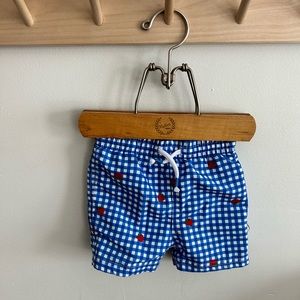 Baby Boden blue gingham swim trunks